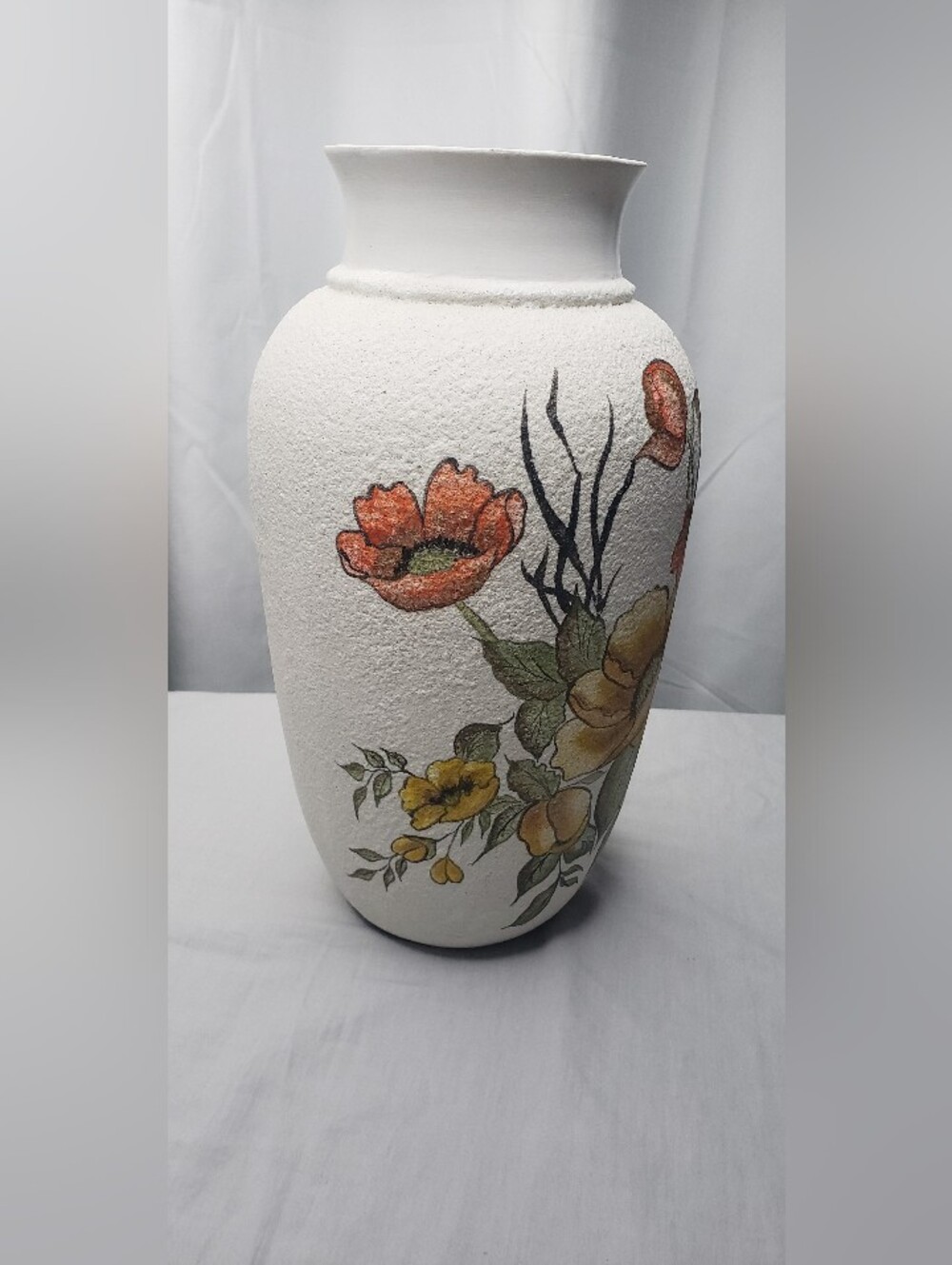Vintage MCM Ceramic Vase Hand Painted Botanical Poppies Lava Finish 13.5 In Tall - Picture 2 of 6